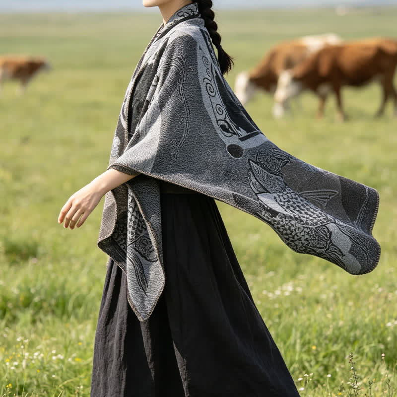 Buddha Stones Fall Winter Koi Fish Clouds Oriental Draped Soft Shawl - image 12