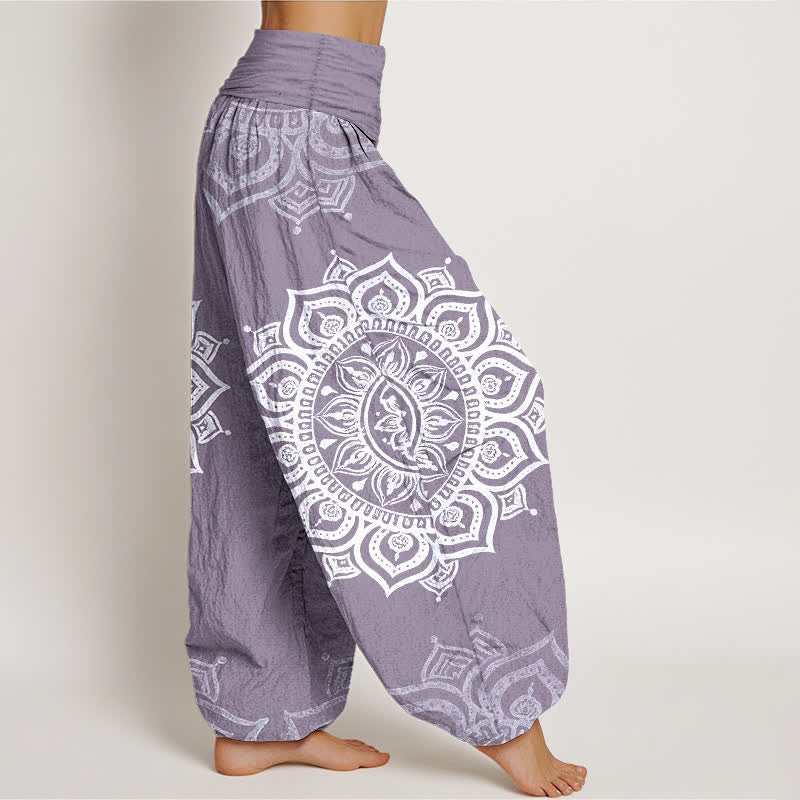 Buddha Stones Pure Cotton White Mandala Floral Pattern Women's Elastic Waist Harem Pants - image 7