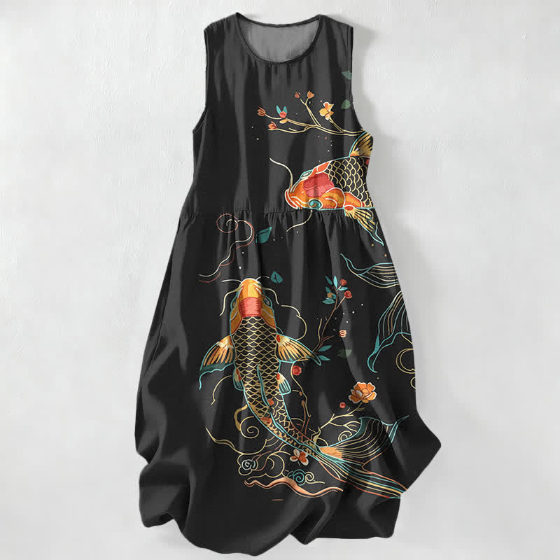 Buddha Stones Summer Casual Koi Fish Floral Wave Pattern Women's Summer Sleeveless Midi Dress With Pockets - Black - US16，UK/AU20，EU48 (3XL) - image 0