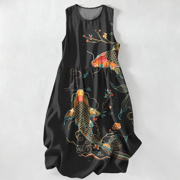 Buddha Stones Summer Casual Koi Fish Floral Wave Pattern Women's Summer Sleeveless Midi Dress With Pockets - Black - US16，UK/AU20，EU48 (3XL) - image 0