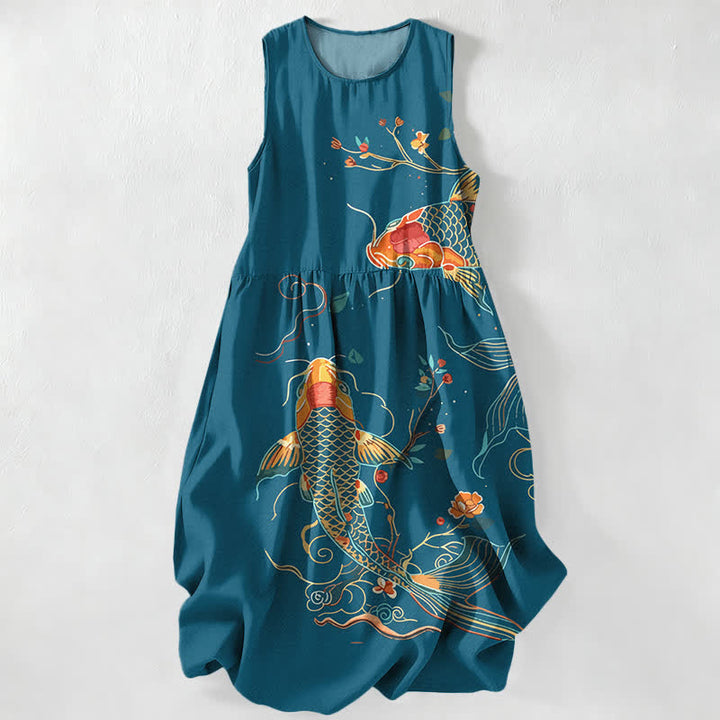 Buddha Stones Summer Casual Koi Fish Floral Wave Pattern Women's Summer Sleeveless Midi Dress With Pockets - Teal - US16，UK/AU20，EU48 (3XL) - image 4