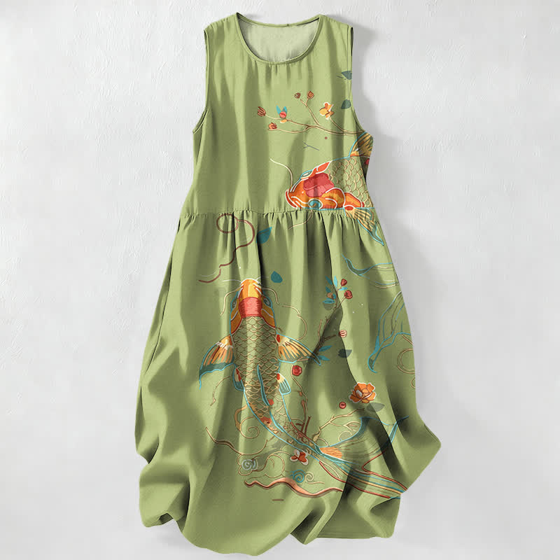 Buddha Stones Summer Casual Koi Fish Floral Wave Pattern Women's Summer Sleeveless Midi Dress With Pockets - OliveDrab - US16，UK/AU20，EU48 (3XL) - image 5