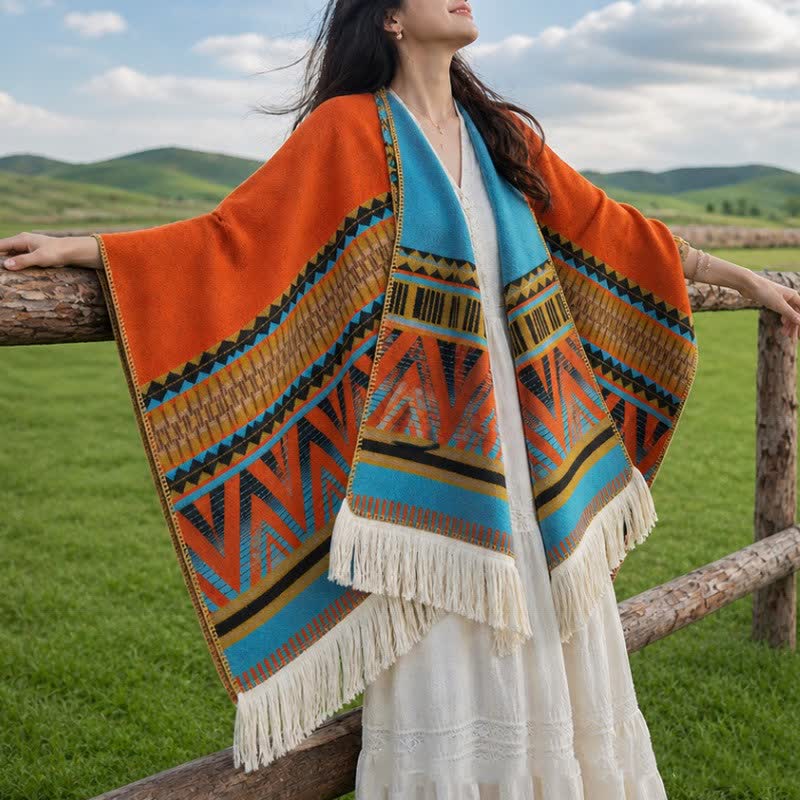 Buddha Stones Fall Winter Boho Geometric Floral Pattern Tassel Shawl - Geometric Orange - 155*136cm - image 0