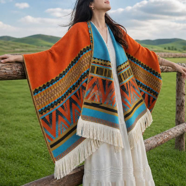 Buddha Stones Fall Winter Boho Geometric Floral Pattern Tassel Shawl - Geometric Orange - 155*136cm - image 0