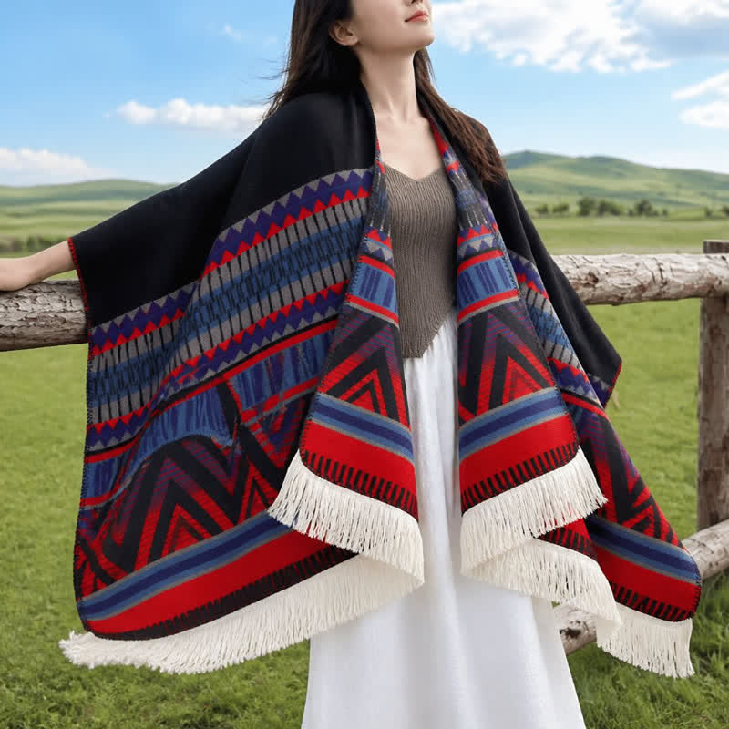 Buddha Stones Fall Winter Boho Geometric Floral Pattern Tassel Shawl - image 17