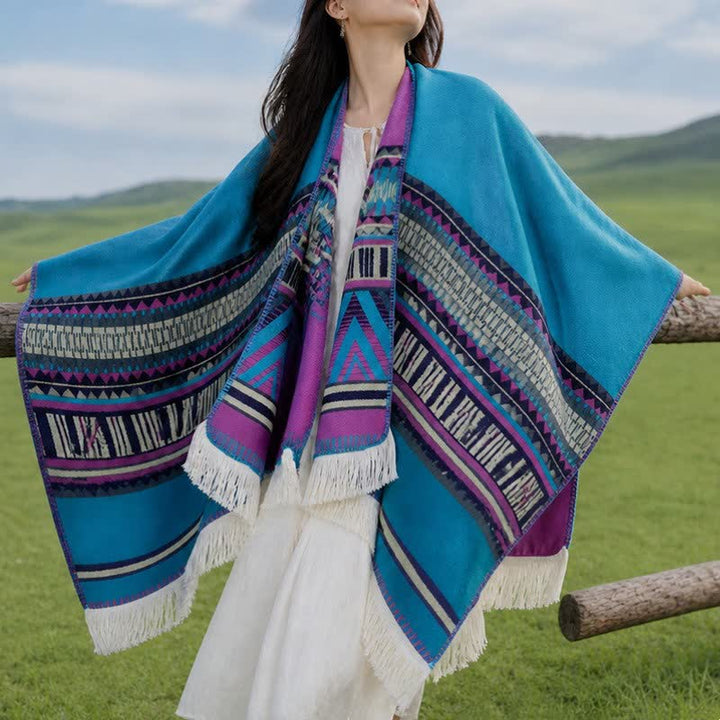 Buddha Stones Fall Winter Boho Geometric Floral Pattern Tassel Shawl - image 8