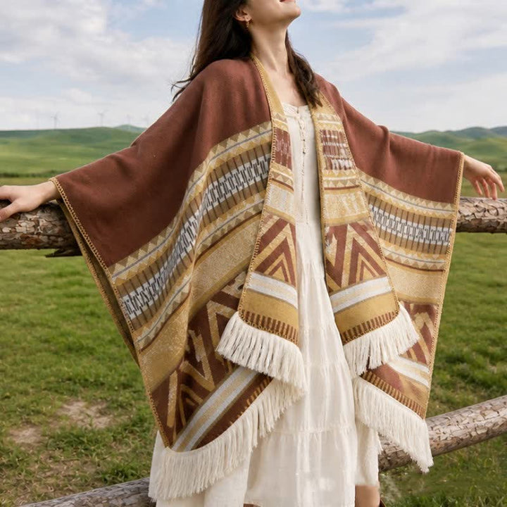 Buddha Stones Fall Winter Boho Geometric Floral Pattern Tassel Shawl - image 11