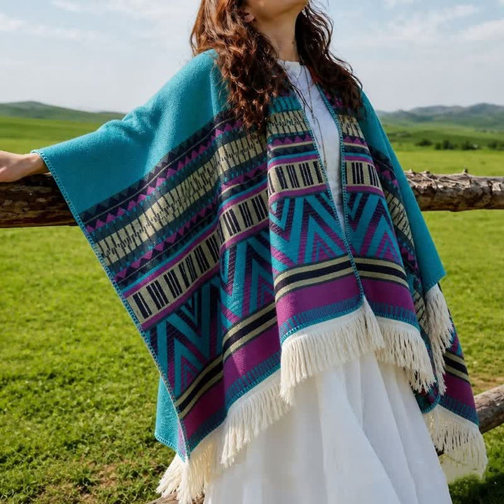 Buddha Stones Fall Winter Boho Geometric Floral Pattern Tassel Shawl - image 7