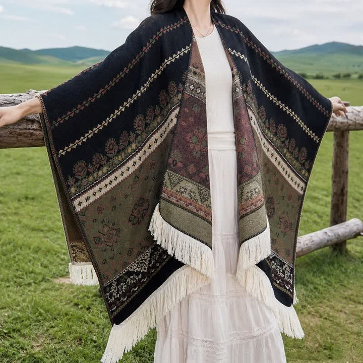 Buddha Stones Fall Winter Boho Geometric Floral Pattern Tassel Shawl - image 24