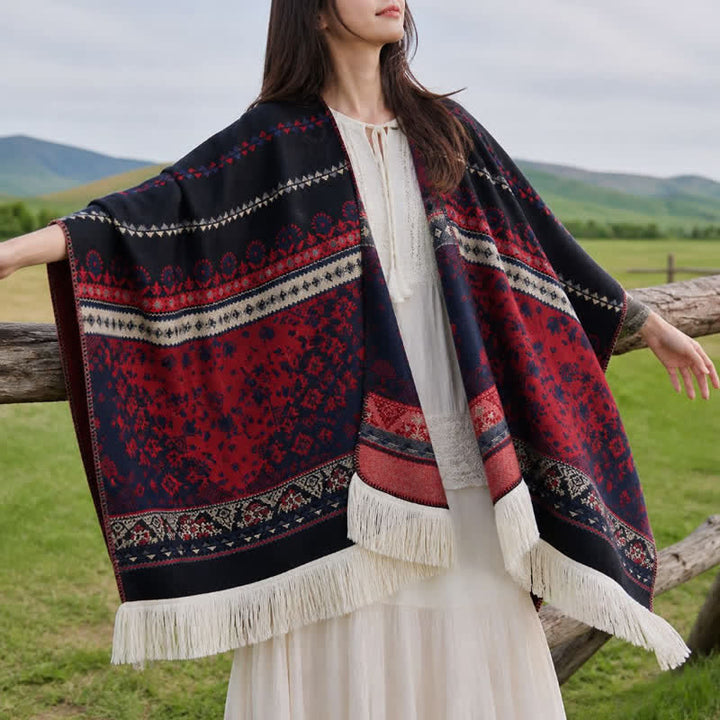 Buddha Stones Fall Winter Boho Geometric Floral Pattern Tassel Shawl - image 29