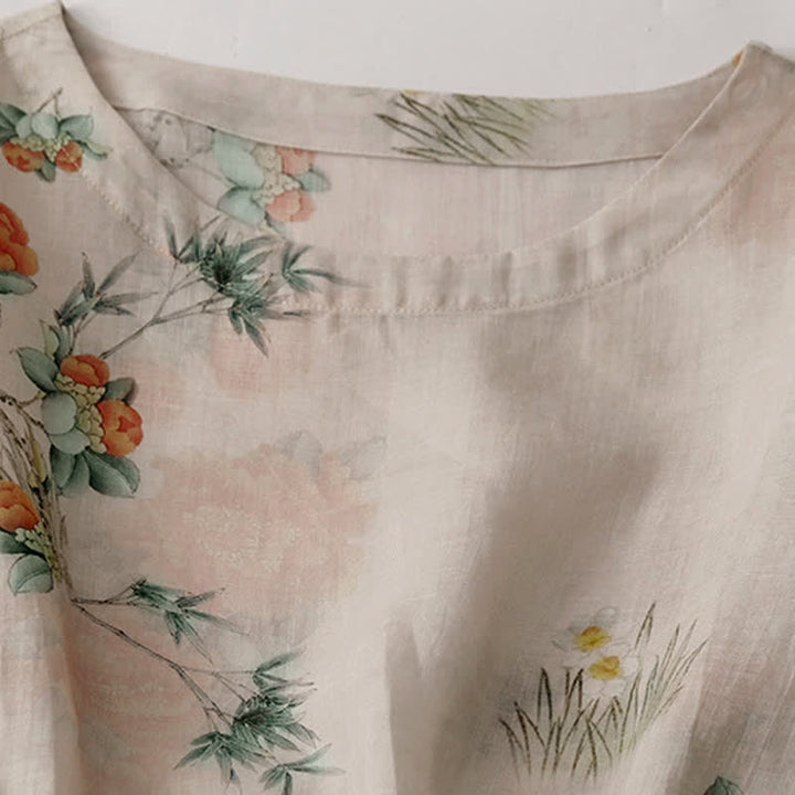 Buddha Stones Summer Vintage Drawstring Beige Floral Crew Neck Women's Short Sleeve Dress With Pocket - image 3