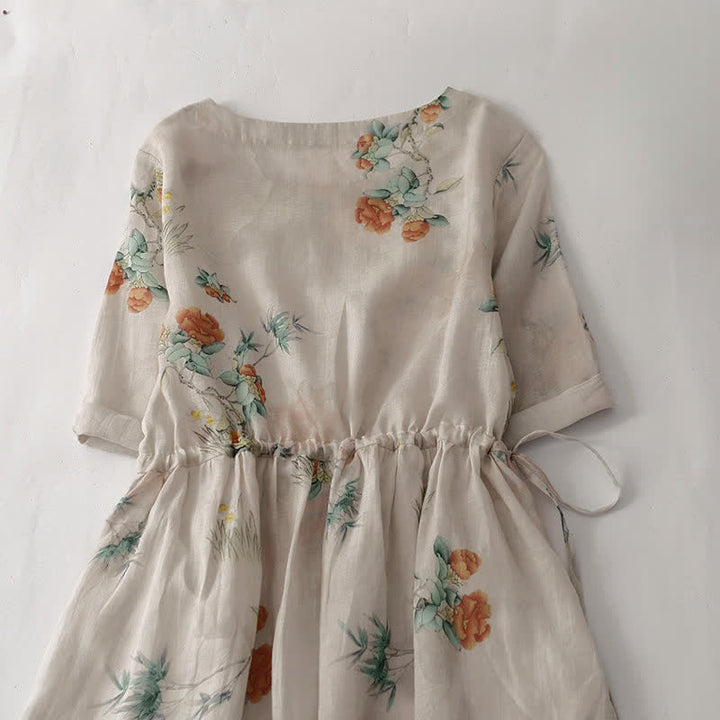 Buddha Stones Summer Vintage Drawstring Beige Floral Crew Neck Women's Short Sleeve Dress With Pocket - image 2