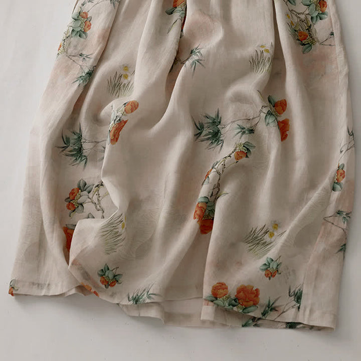 Buddha Stones Summer Vintage Drawstring Beige Floral Crew Neck Women's Short Sleeve Dress With Pocket - image 10