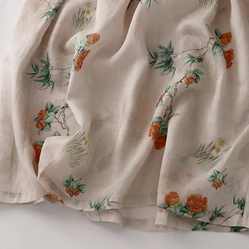 Buddha Stones Summer Vintage Drawstring Beige Floral Crew Neck Women's Short Sleeve Dress With Pocket - image 11