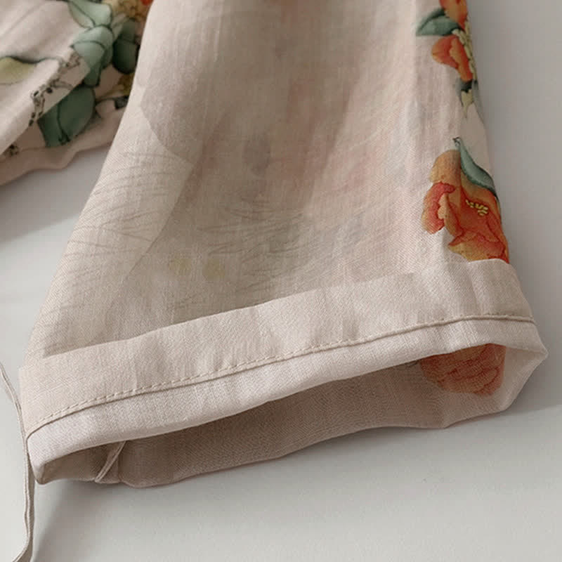 Buddha Stones Summer Vintage Drawstring Beige Floral Crew Neck Women's Short Sleeve Dress With Pocket - image 5