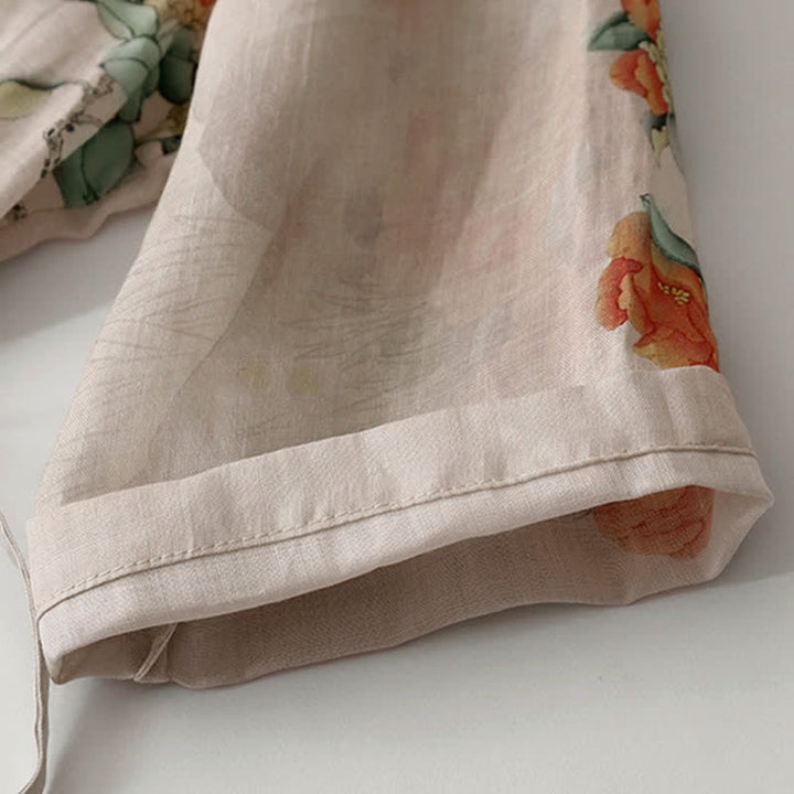 Buddha Stones Summer Vintage Drawstring Beige Floral Crew Neck Women's Short Sleeve Dress With Pocket - image 5