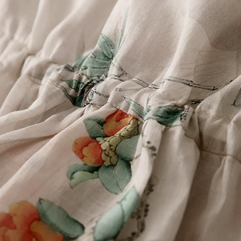 Buddha Stones Summer Vintage Drawstring Beige Floral Crew Neck Women's Short Sleeve Dress With Pocket - image 9