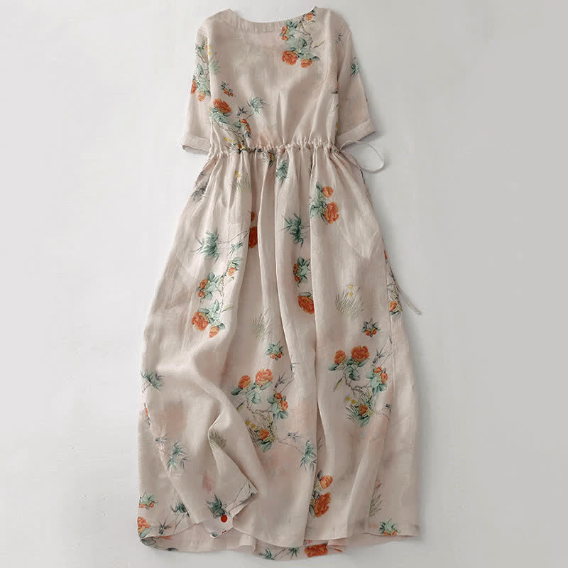 Buddha Stones Summer Vintage Drawstring Beige Floral Crew Neck Women's Short Sleeve Dress With Pocket - image 1