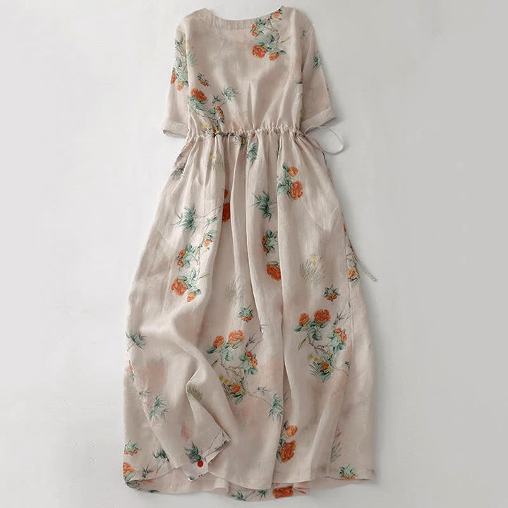 Buddha Stones Summer Vintage Drawstring Beige Floral Crew Neck Women's Short Sleeve Dress With Pocket - image 1