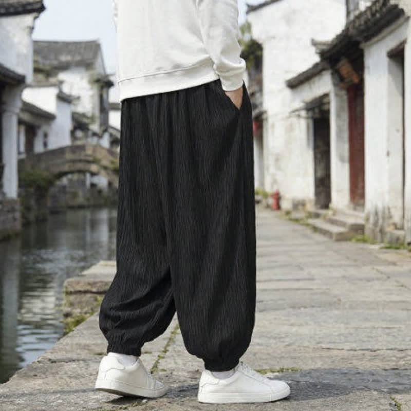 Buddha Stones Spring Fall Casual Vintage Drawstring Solid Ankle Pants Men's Harem Pants With Pockets - image 12