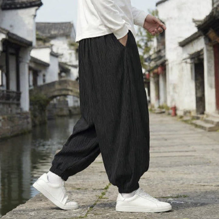 Buddha Stones Spring Fall Casual Vintage Drawstring Solid Ankle Pants Men's Harem Pants With Pockets - image 9