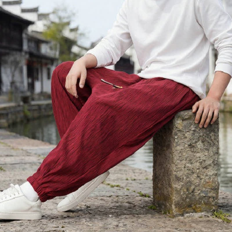 Buddha Stones Spring Fall Casual Vintage Drawstring Solid Ankle Pants Men's Harem Pants With Pockets - image 21