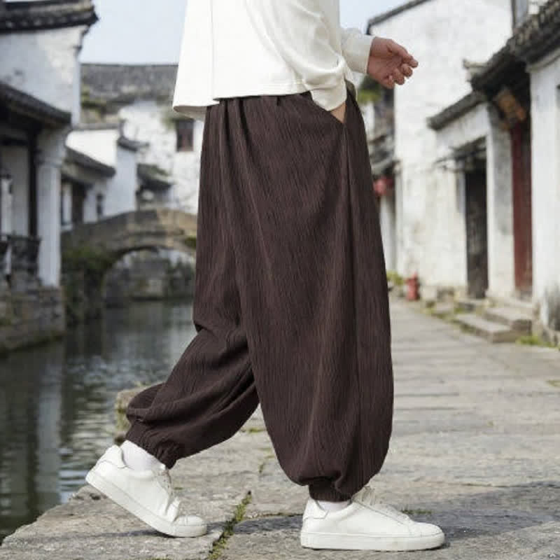 Buddha Stones Spring Fall Casual Vintage Drawstring Solid Ankle Pants Men's Harem Pants With Pockets - image 4