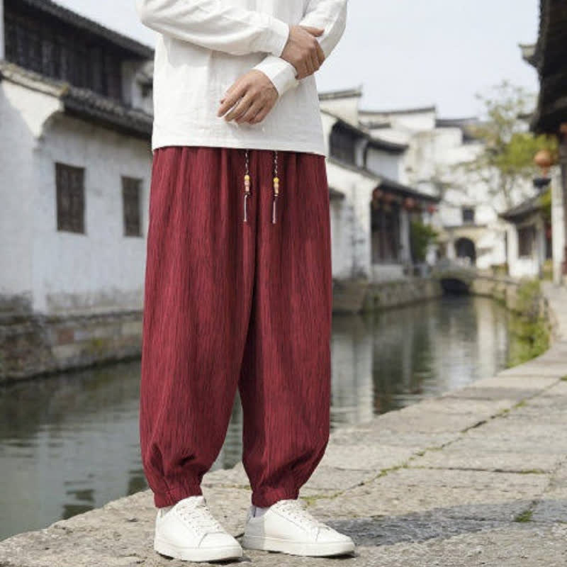 Buddha Stones Spring Fall Casual Vintage Drawstring Solid Ankle Pants Men's Harem Pants With Pockets - image 15