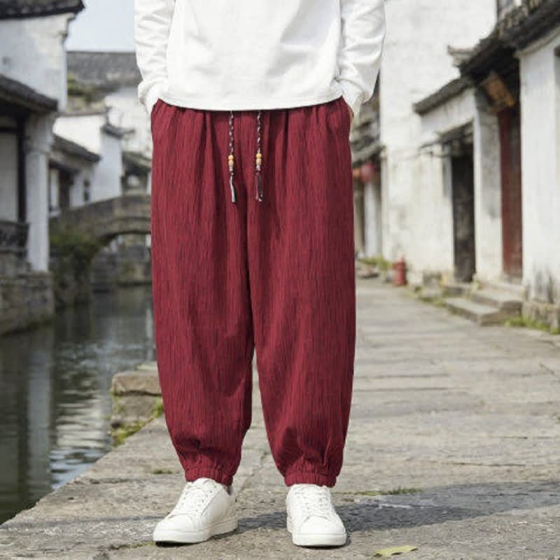 Buddha Stones Spring Fall Casual Vintage Drawstring Solid Ankle Pants Men's Harem Pants With Pockets - image 16