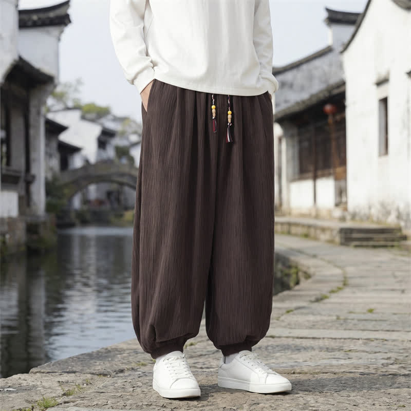 Buddha Stones Spring Fall Casual Vintage Drawstring Solid Ankle Pants Men's Harem Pants With Pockets - image 1