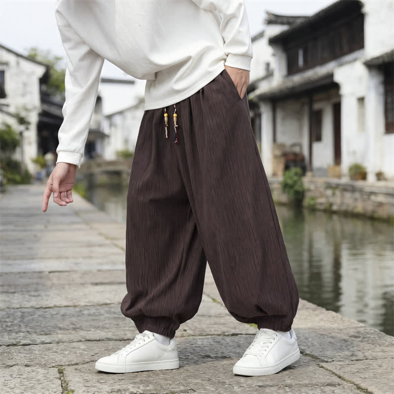 Buddha Stones Spring Fall Casual Vintage Drawstring Solid Ankle Pants Men's Harem Pants With Pockets - image 5