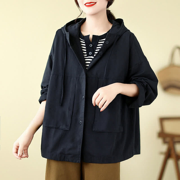 Buddha Stones Fall Casual Minimalist Drawstring Solid Women's Jacket With Pocket - Black - US12, UK/AU16, EU44 (XL) - image 9