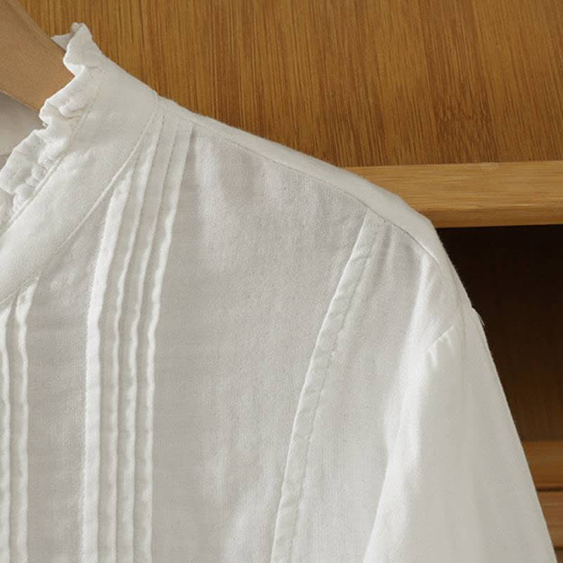 Buddha Stones Fall Vintage Elegant Button-Up Pleats Solid Cotton Women's Long Sleeve Shirts - image 12