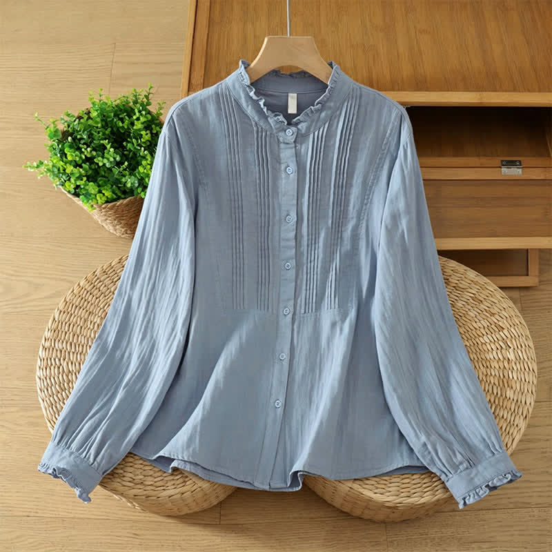 Buddha Stones Fall Vintage Elegant Button-Up Pleats Solid Cotton Women's Long Sleeve Shirts - LightSteelBlue - US12, UK/AU16, EU44 (2XL) - image 0