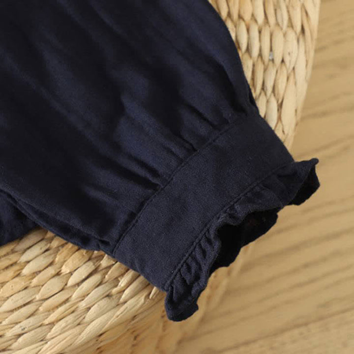 Buddha Stones Fall Vintage Elegant Button-Up Pleats Solid Cotton Women's Long Sleeve Shirts - image 7