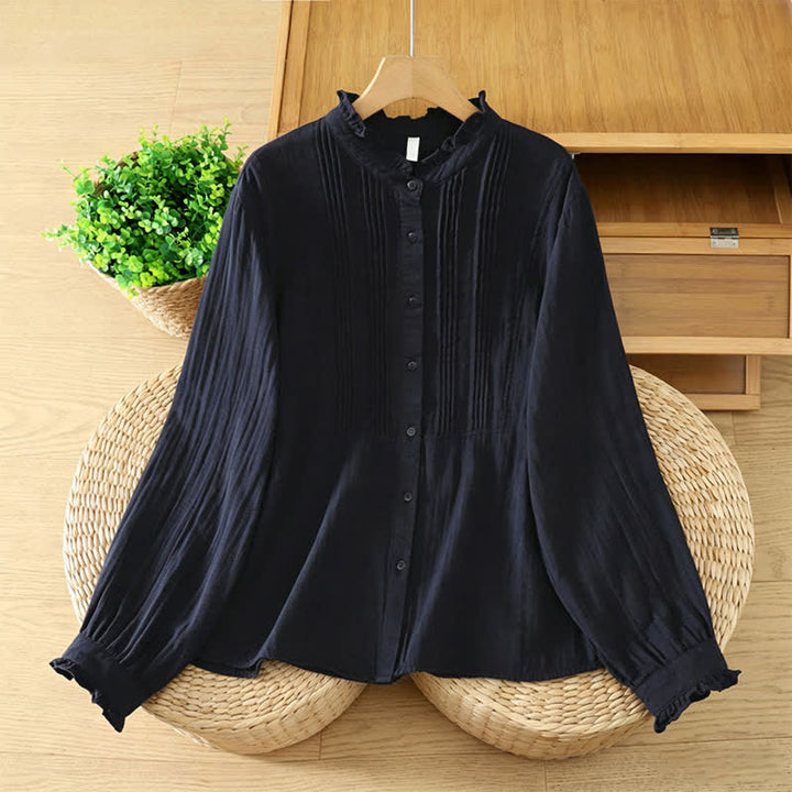 Buddha Stones Fall Vintage Elegant Button-Up Pleats Solid Cotton Women's Long Sleeve Shirts - MidnightBlue - US12, UK/AU16, EU44 (2XL) - image 4