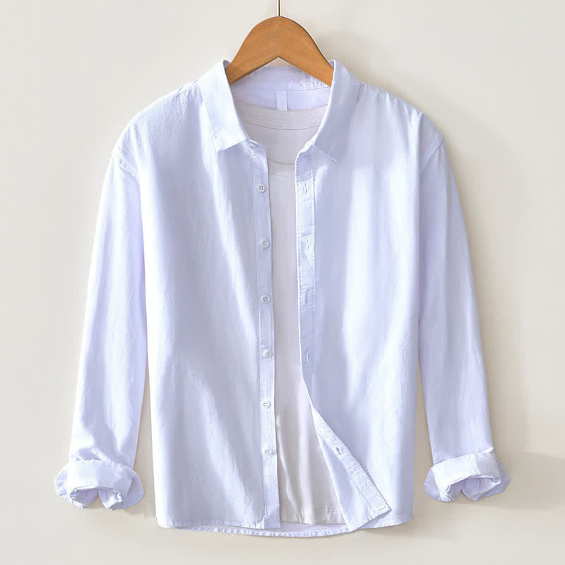 Buddha Stones Spring Casual Minimalist Button-Up Solid Cotton Men's Long Sleeve Shirts - White - US/UK/AU44, EU54 (4XL) - image 18