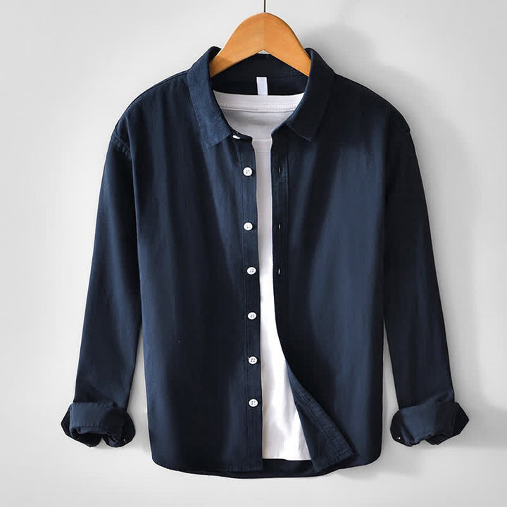 Buddha Stones Spring Casual Minimalist Button-Up Solid Cotton Men's Long Sleeve Shirts - Navy - US/UK/AU44, EU54 (4XL) - image 6