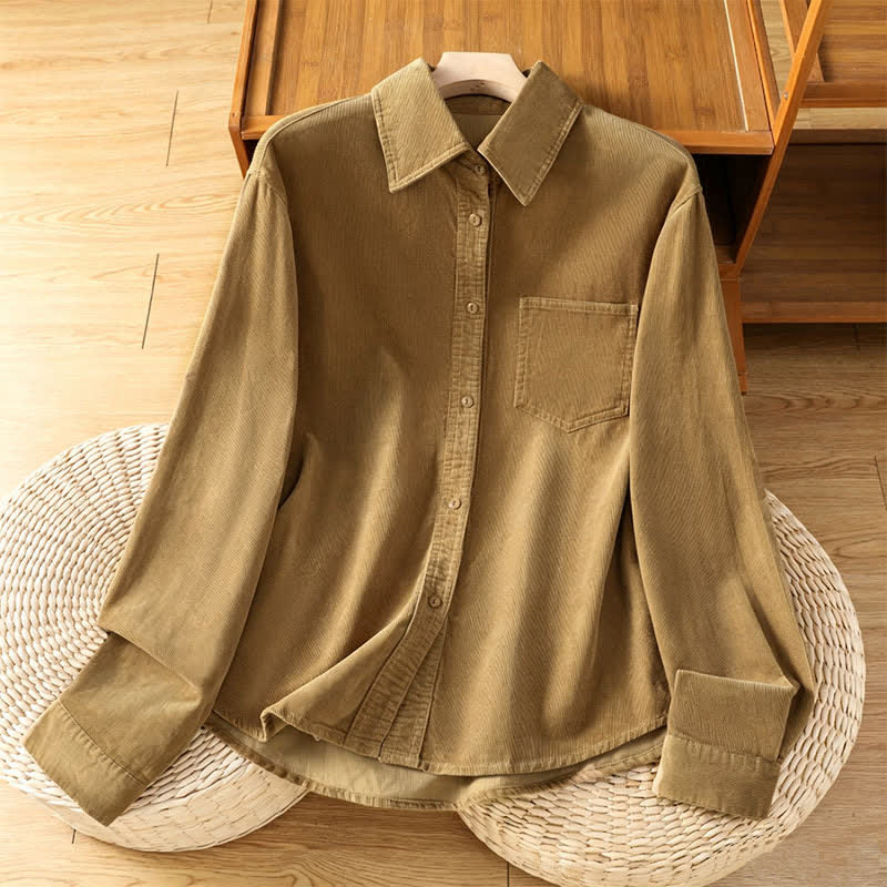 Buddha Stones Fall Winter Vintage Button-Up Solid Corduroy Women's Long Sleeve Shirts With Pocket - Peru - US8-10, UK/AU12-14, EU40-42 (2XL) - image 0