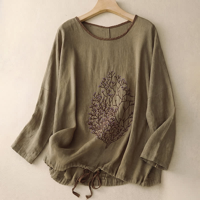 Buddha Stones Casual Embroidery Tree Drawstring Women's Crew Neck Design Half Sleeve T-Shirt - Olive - Long Sleeve - US14，UK/AU18，EU46 (2XL) - image 41