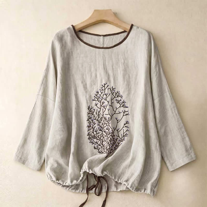 Buddha Stones Spring Fall Casual Embroidery Tree Drawstring Women's Crew Neck Design Cotton Linen Women's Long Sleeve T-Shirt - LightGrey - US14，UK/AU18，EU46 (2XL) - image 0