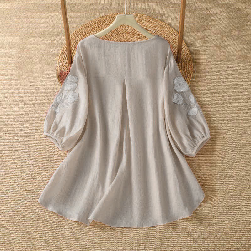 Buddha Stones Summer Casual Elegant Embroidery White Floral Crew Neck Women's Long Sleeve T-Shirt - image 1