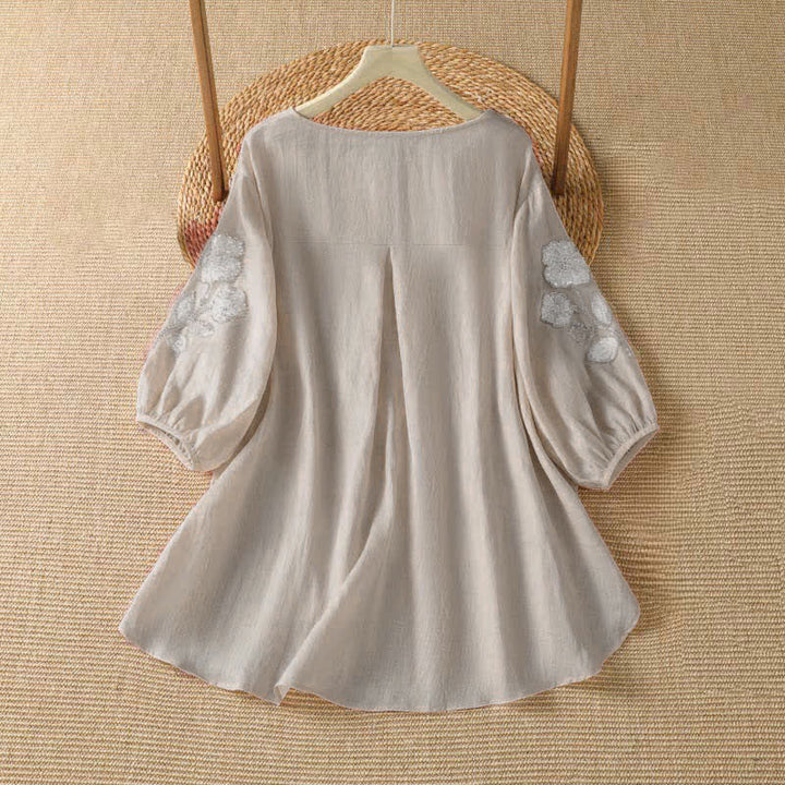 Buddha Stones Summer Casual Elegant Embroidery White Floral Crew Neck Women's Long Sleeve T-Shirt - image 1