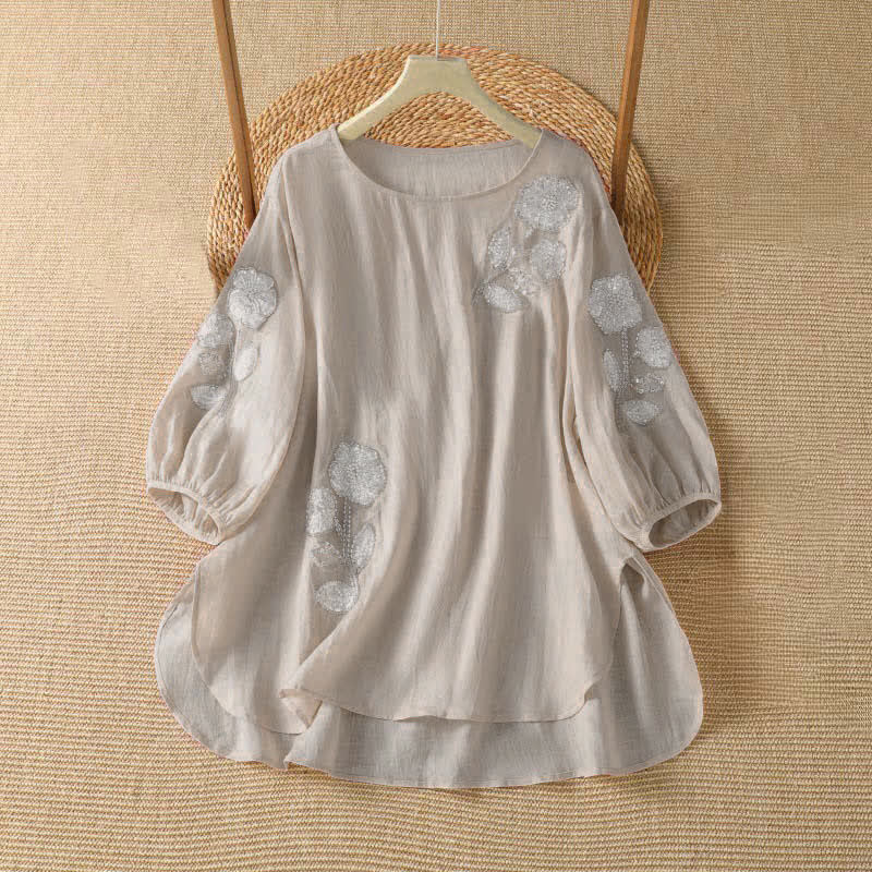 Buddha Stones Summer Casual Elegant Embroidery White Floral Crew Neck Women's Long Sleeve T-Shirt - MistyRose - US14, UK/AU18, EU46 (2XL) - image 0