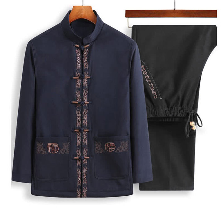 Buddha Stones Fu Character Embroidery Tang Suit Frog-Button Men's Long Sleeve Jacket Shirt Pants - SteelBlue Jacket+Black Pants - US/UK/AU44，EU54 (4XL) - image 5