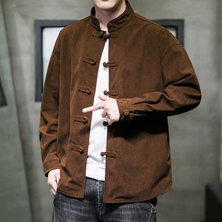 Buddha Stones Fall Winter Casual Tang Style Frog Button Solid Cotton Men's Jacket - image 8