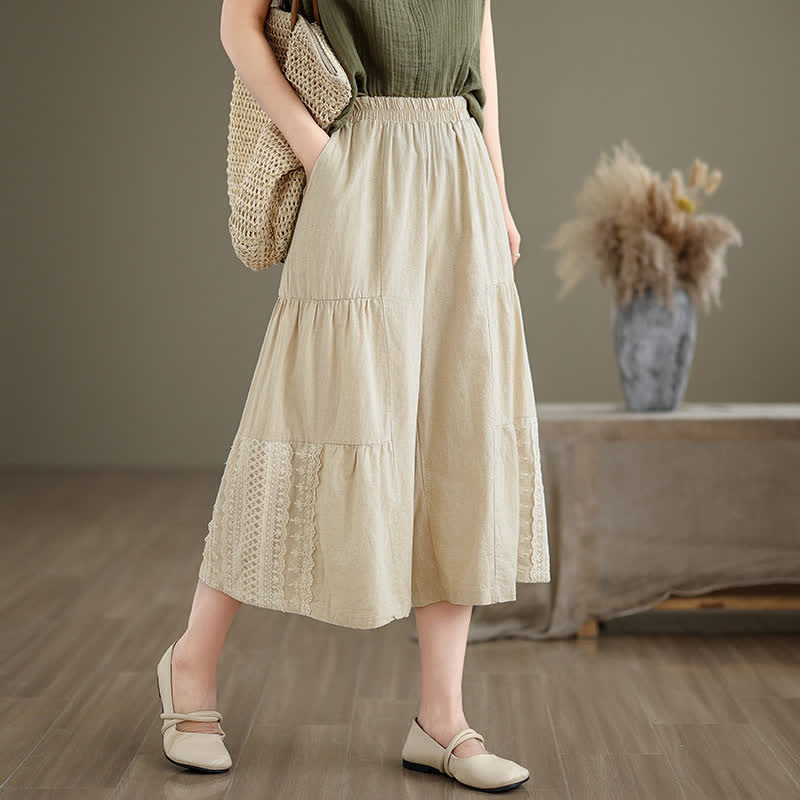 Buddha Stones Casual Plain Lace Splicing Cotton Women's Cropped Wide Leg Pants With Pockets - Beige - US8-10，UK/AU12-14，EU40-42 (2XL) - image 0