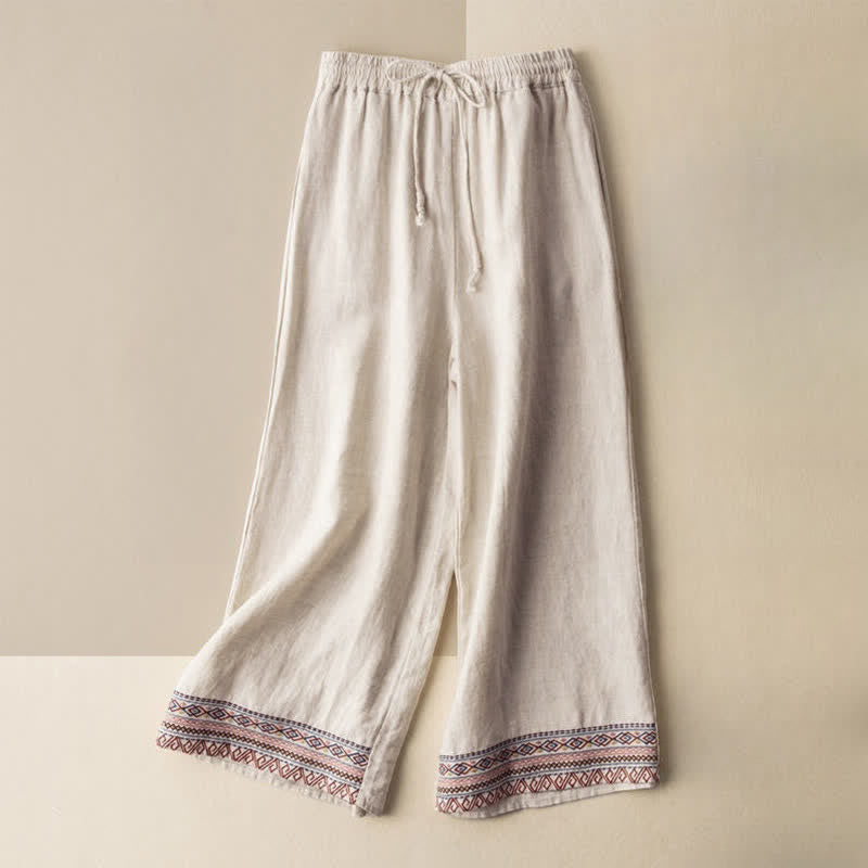Buddha Stones Casual Embroidery Bohemian Pattern Drawstring Women's Wide Leg Pants With Pockets - Beige - US12，UK/AU16，EU44 (XL) - image 0