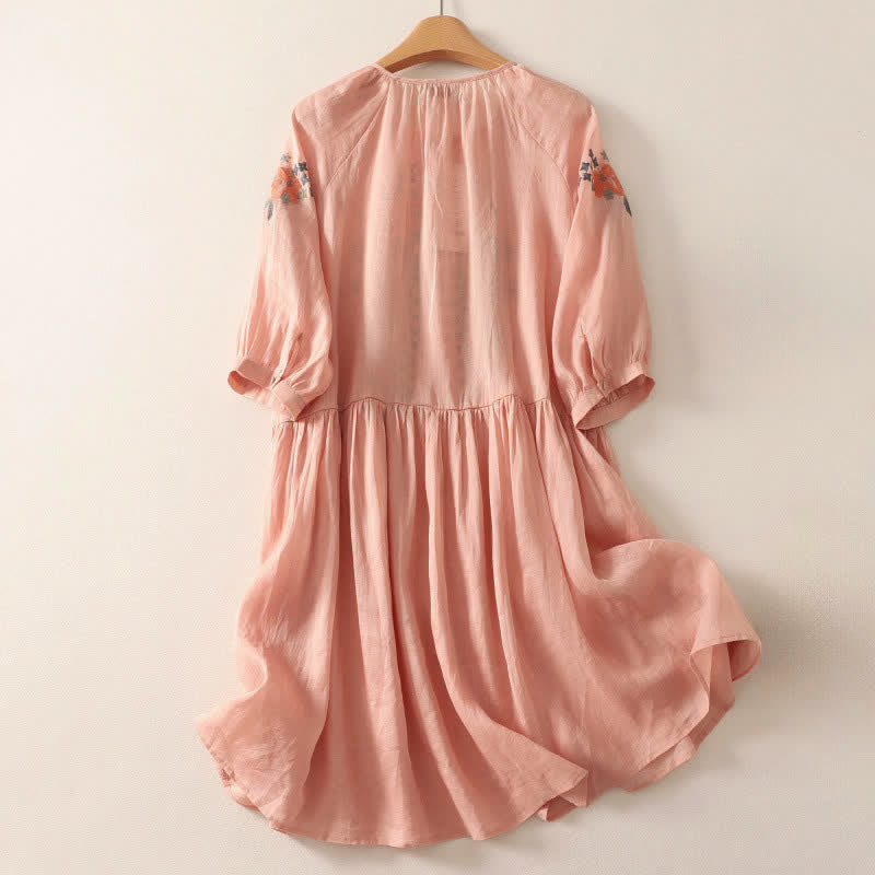 Buddha Stones Summer Boho Embroidery Floral Women's Elbow-Length Sleeve Dress - image 1