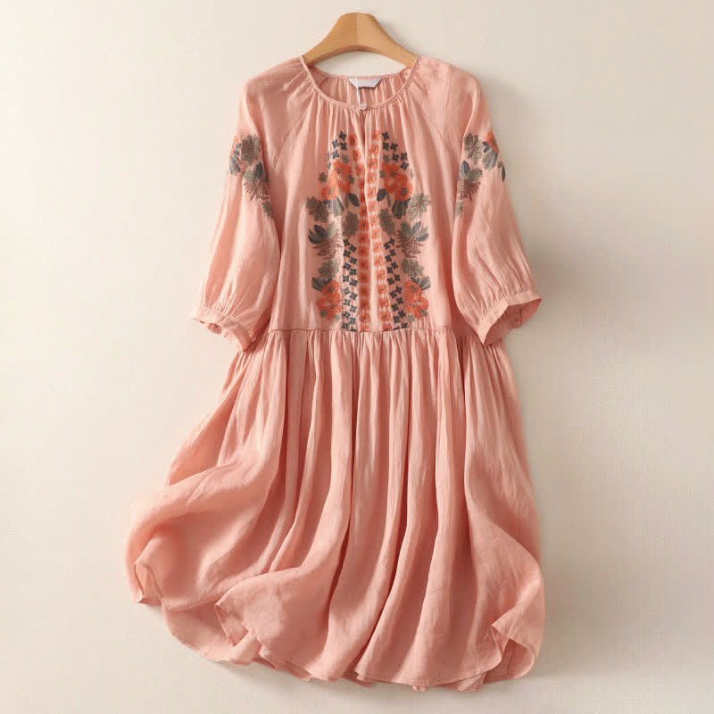 Buddha Stones Summer Boho Embroidery Floral Women's Elbow-Length Sleeve Dress - LightSalmon - US12, UK/AU16, EU44 (2XL) - image 0